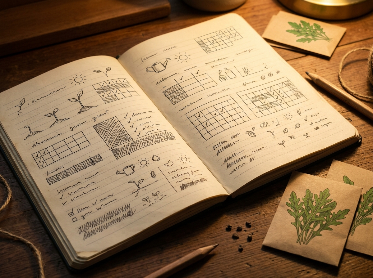 Close-up of an open grower's notebook with handwritten sowing dates beside rocket seed packets, warm desk light