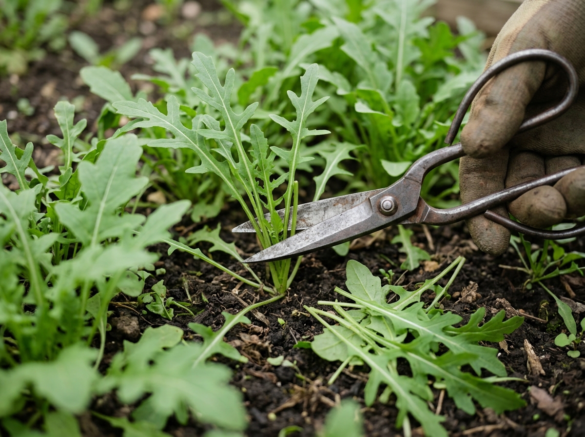 Steel garden scissors cutting rocket leaves a few centimetres above the crown, shallow depth of field