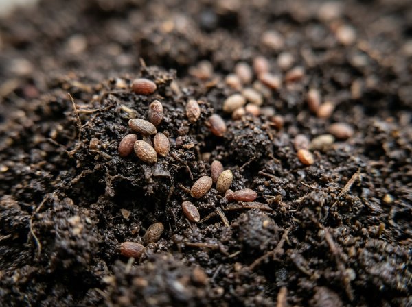 Macro shot of small brown rocket seeds resting on dark crumbly seed compost