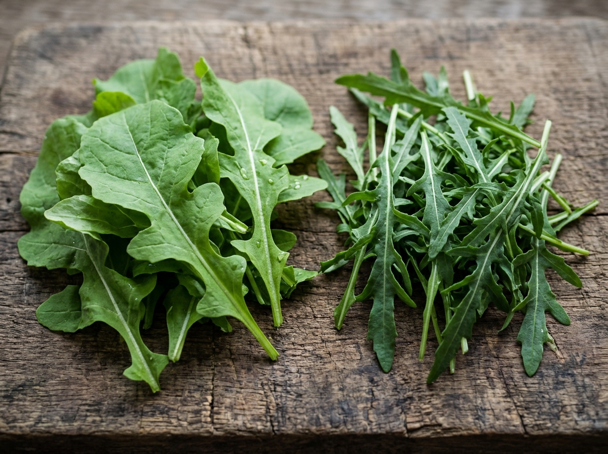Close-up of broad lobed salad rocket leaves beside narrow serrated wild rocket leaves on a wooden board